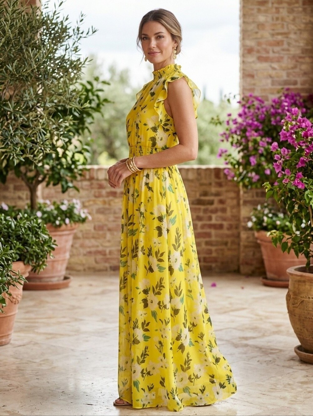 Ann Taylor Yellow Floral Ruffle Mock Neck Sleeveless Flowy Maxi Sundress L